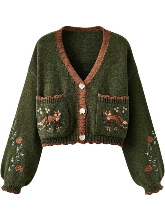 Sweaters - Floral Cropped Cardigan - Boho Cottagecore Sweater, Embroidered Open Front Fall